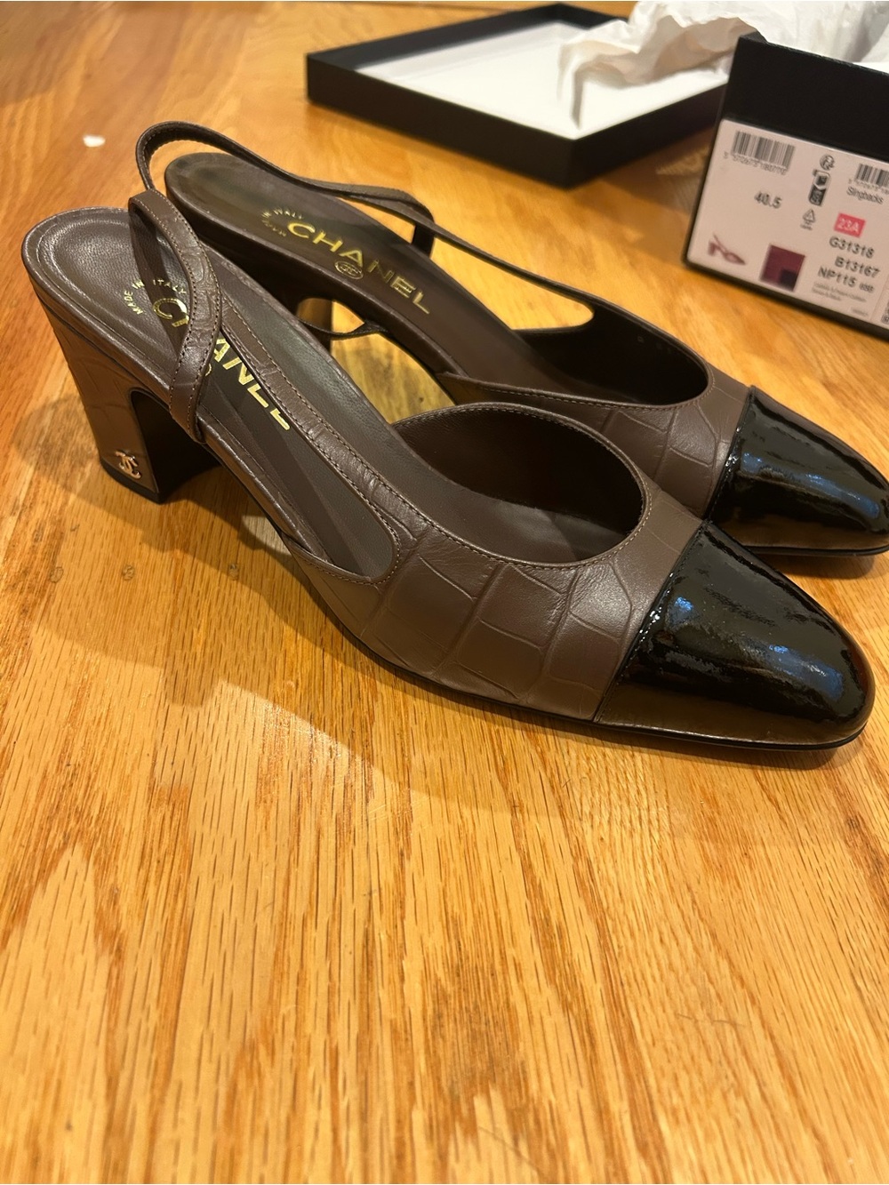 Chanel Brown Croc Leather Slingback Pumps with Black Patent Cap Toe